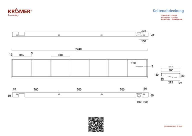 Abmessungen einer Seitenplatte mfür eine 4-Säulenhebebühne mit einer Gesamtlänge von 2240mm.